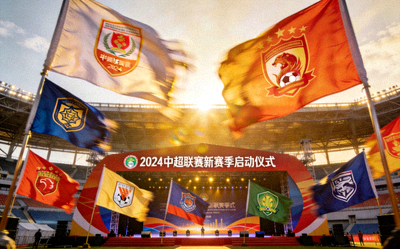 中超联赛新赛季启动仪式现场，各俱乐部旗帜飘扬